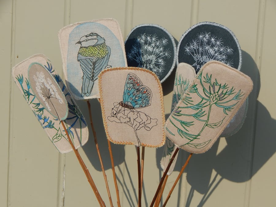 Birds and the butterflies - Screen printed fabric and willow flowers