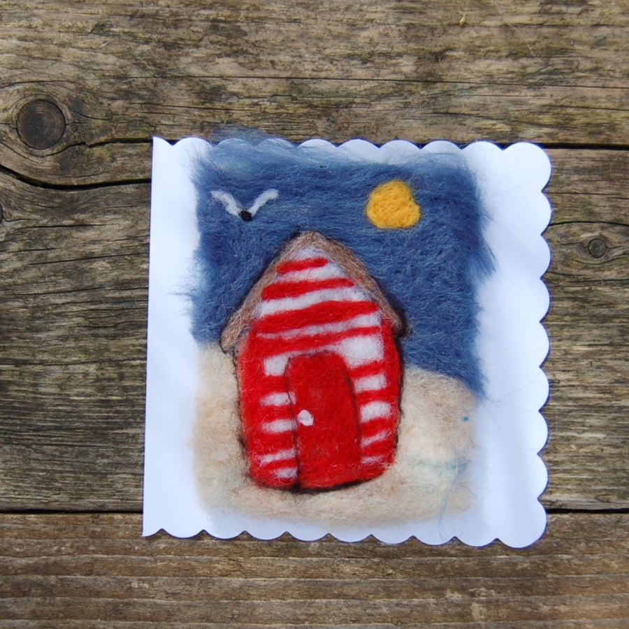 Birthday card  Beach Hut Needlefelt wool card, Get Well Card, Thank you card, 