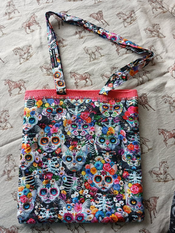 Handmade totebag, day of the dead cat design