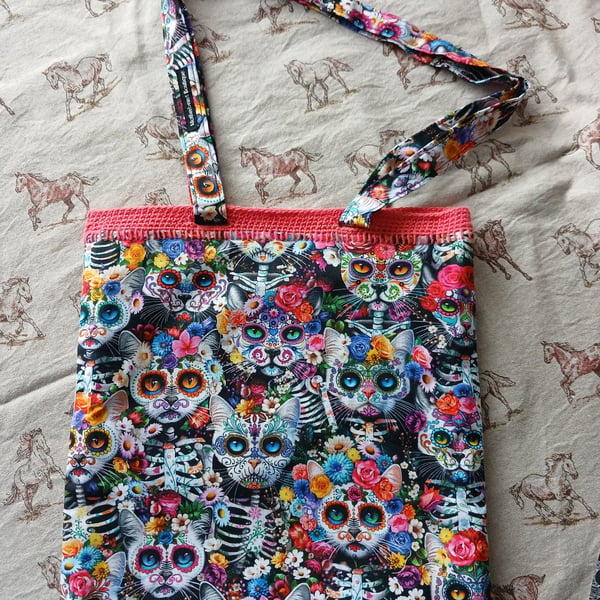 Handmade totebag, day of the dead cat design