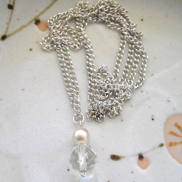 Long Vintage Crystal and Pearl Bead Pendant - UK Free Post