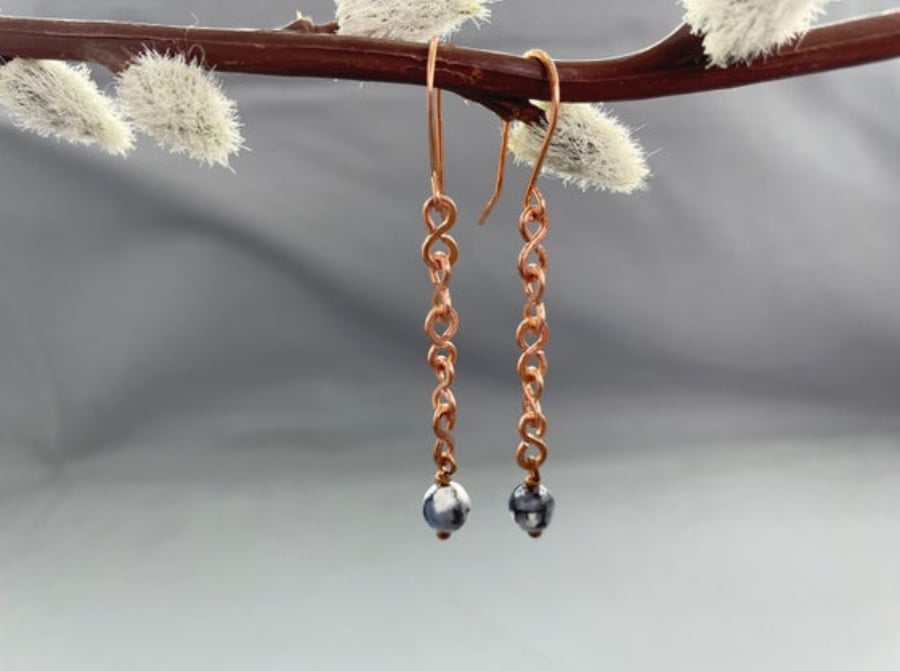Dainty Dendritic Agate Opal Hammered Copper Chain Earrings, 2.5 inch