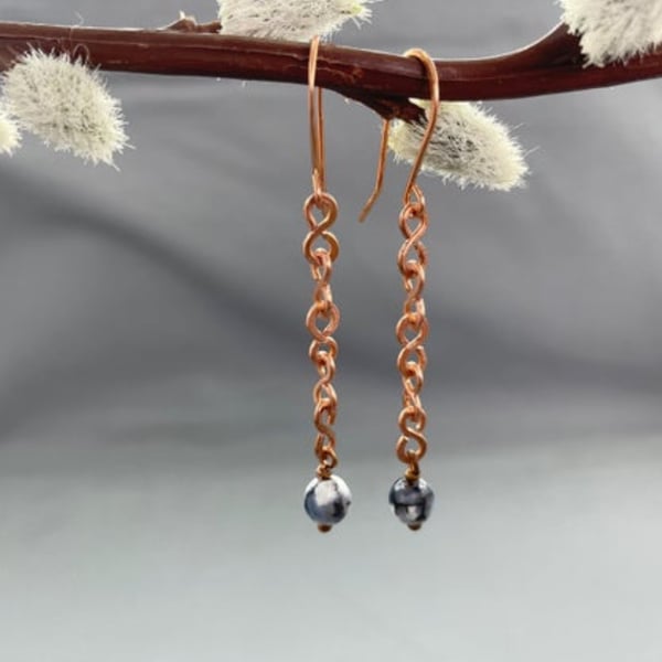 Dainty Dendritic Agate Opal Hammered Copper Chain Earrings, 2.5 inch