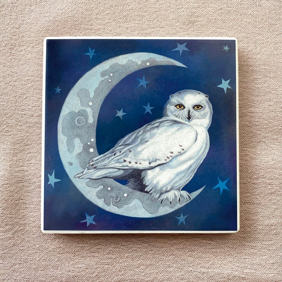 Owl and moon Ceramic Coaster - drink coaster, owl gift, Hedwig 