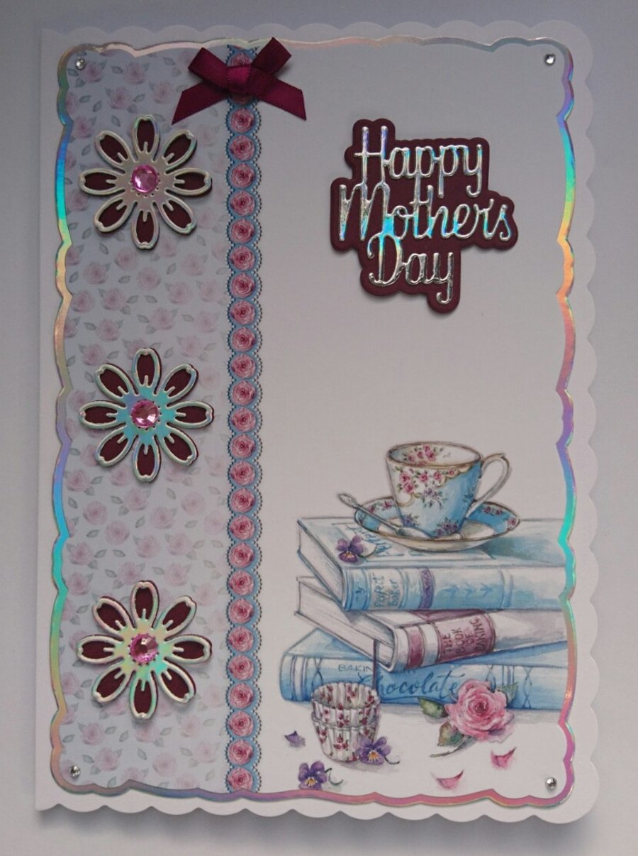 Happy Mother's Day Card Baking Books Vintage Teacup Cupcake