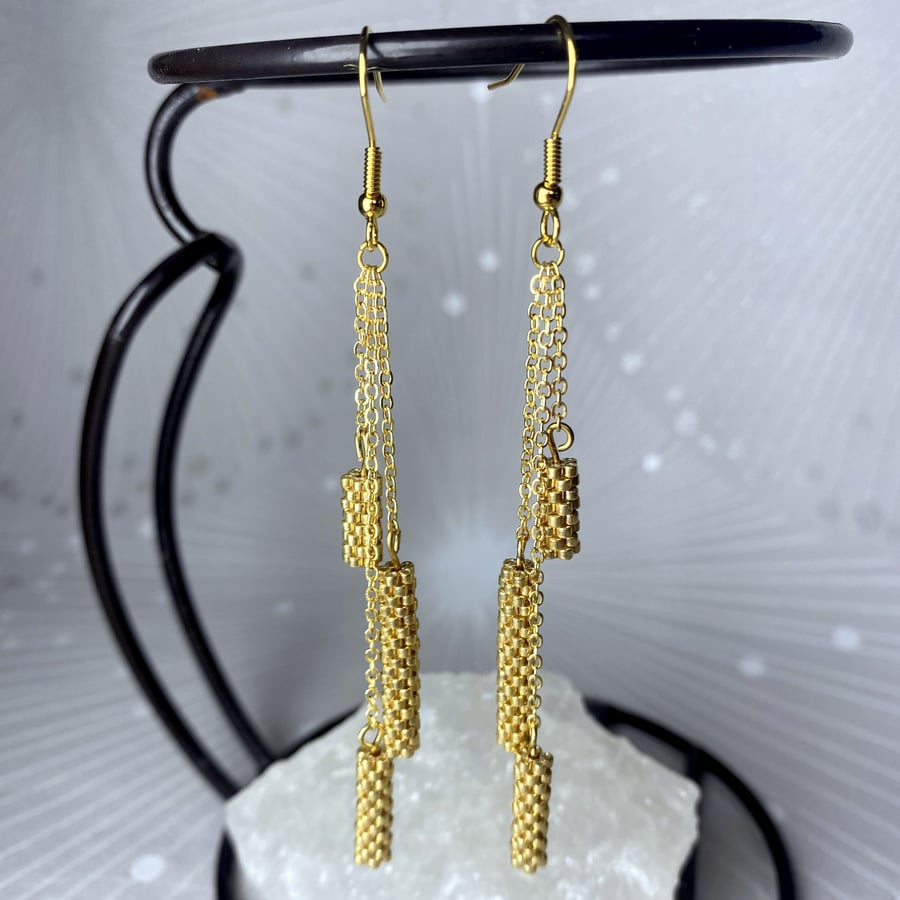 Long dangle gold plated earrings, Handmade bead-woven jewellery 