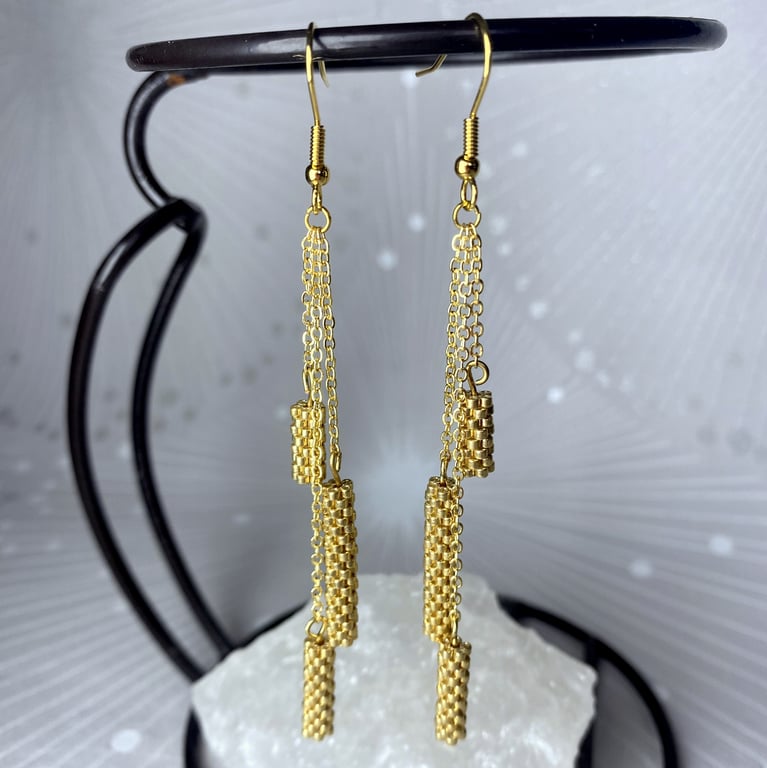 Long dangle gold plated earrings, Handmade bead-woven jewellery 