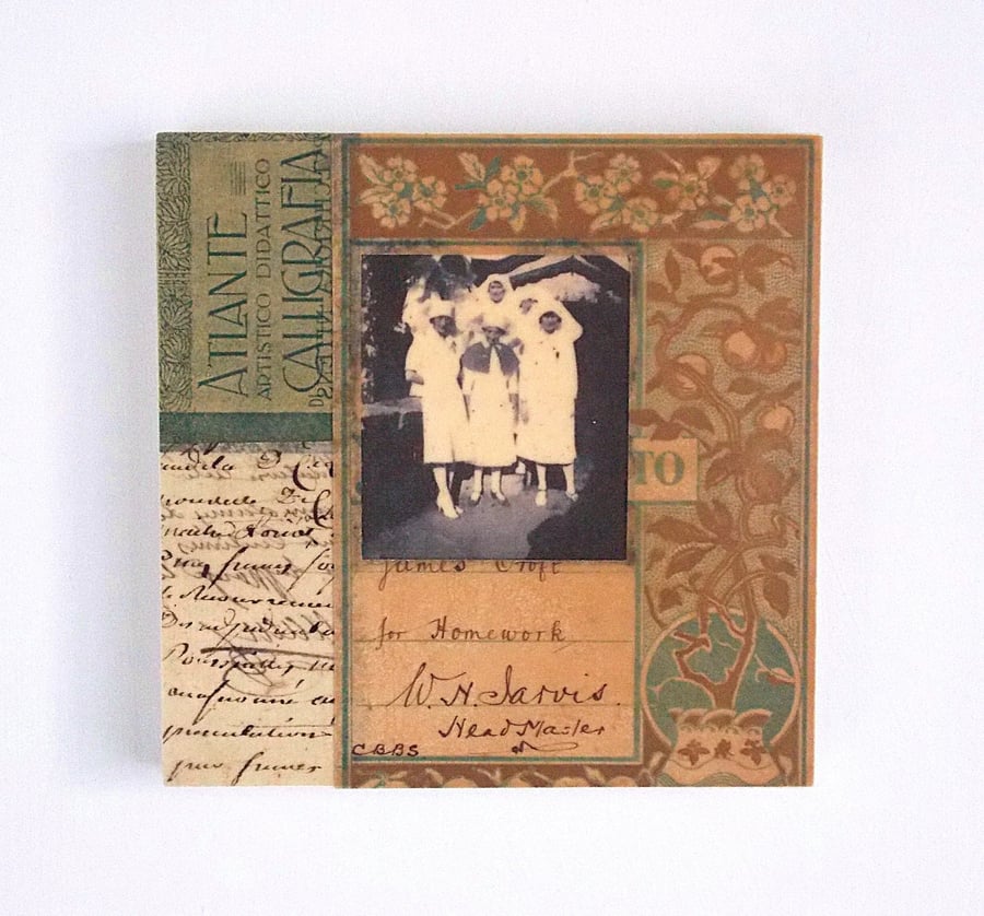 Vintage Paper Collage on Wood Panel, 12x12cms, Free UK Postage (204)