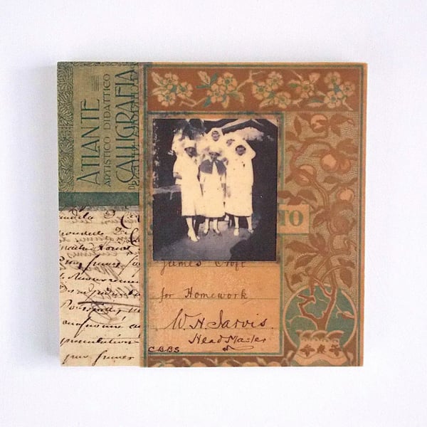 Vintage Paper Collage on Wood Panel, 12x12cms, Free UK Postage (204)