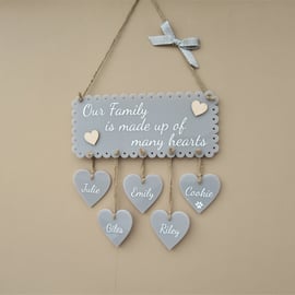 Personalised Family plaque. "Our Family is made up of many hearts" Housewarming 