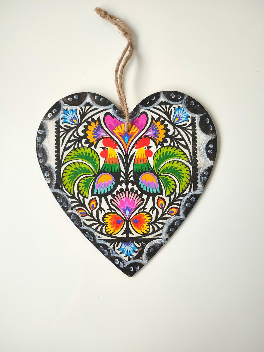 Wooden hanging heart, decoupage wall decoration, Folk country wall decor,Rooster
