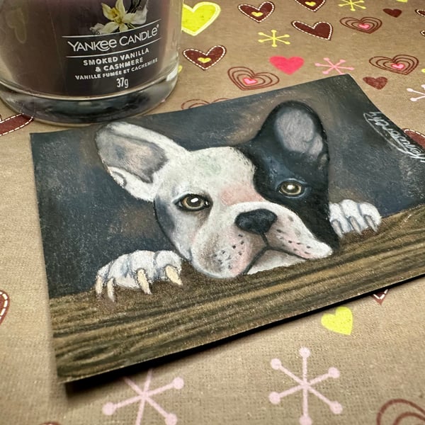 ACEO Original French Bull Dog 'Can I see?' By V Kenworthy