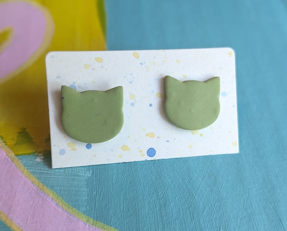 Sage Green Cat Stud Earrings - Cute Handmade Clay Earrings