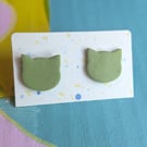 Sage Green Cat Stud Earrings - Cute Handmade Clay Earrings