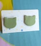Sage Green Cat Stud Earrings - Cute Handmade Clay Earrings