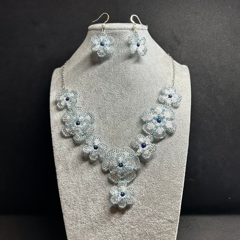 Delicate Flower Cascade Seed Bead Necklace and Earrings set