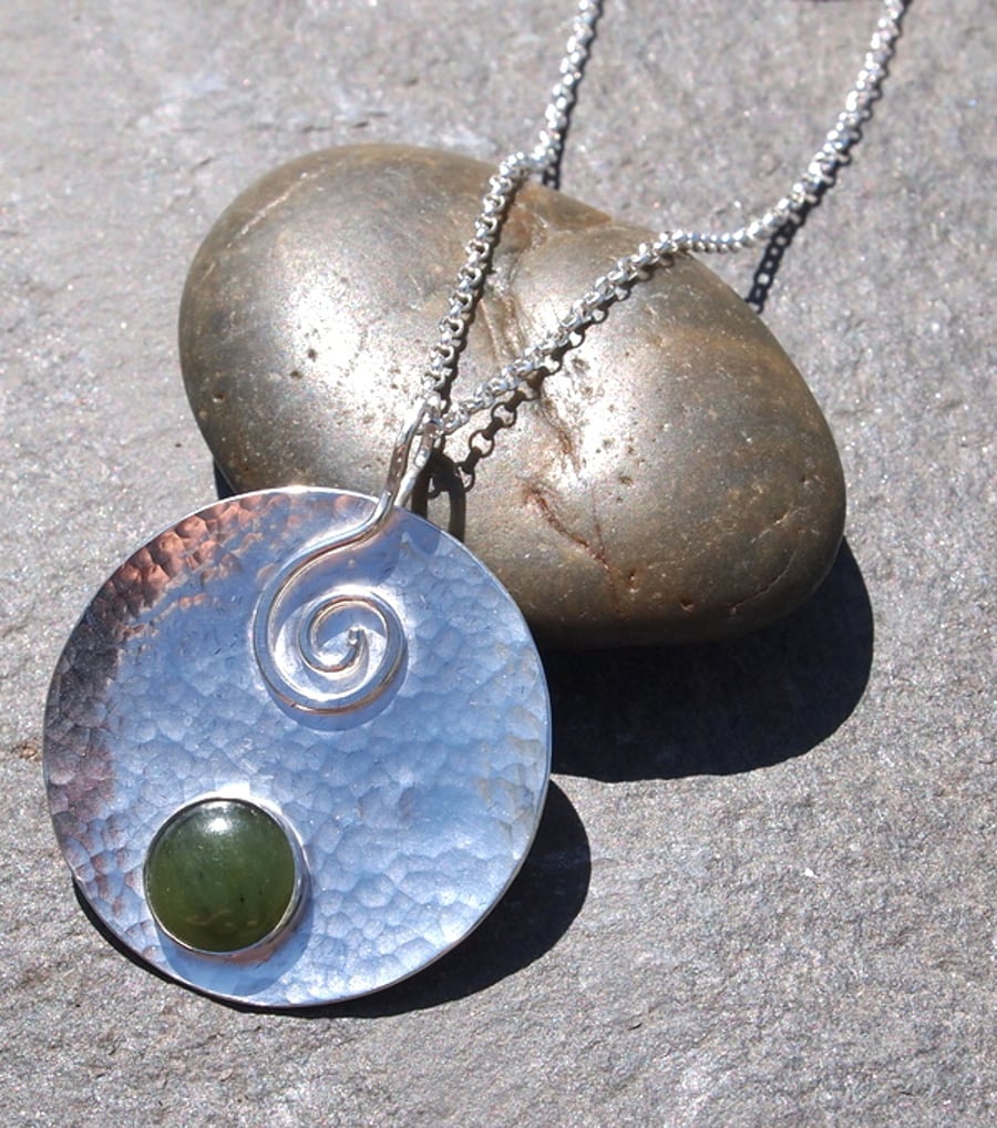 Sterling Silver Pendant, green jade and swirls