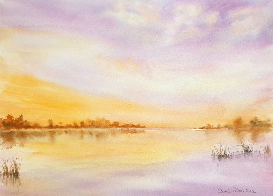 Original Watercolour Landscape. Sunset over the Lake. Warm Colours Wall Art. 15x