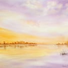 Original Watercolour Landscape. Sunset over the Lake. Warm Colours Wall Art. 15x