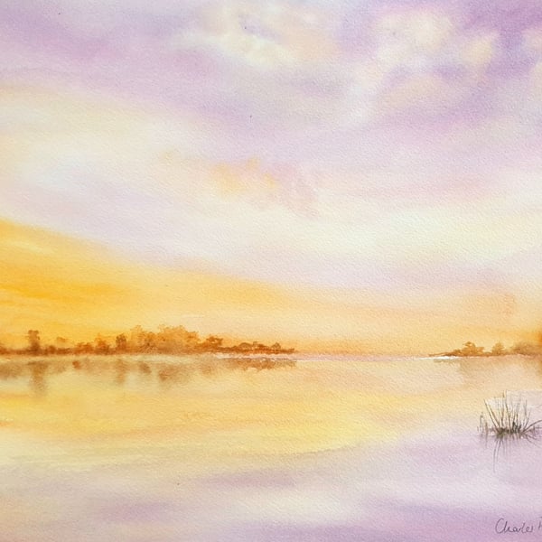 Original Watercolour Landscape. Sunset over the Lake. Warm Colours Wall Art. 15x