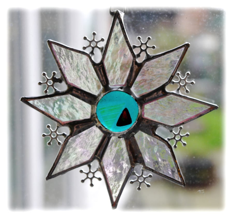 Sparkly Star Suncatcher Stained Glass Snowflake Turquoise Handmade 9.5cm 075