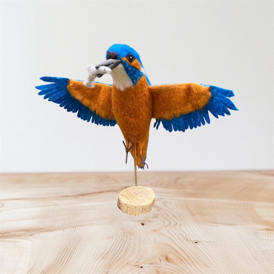 Needle felt Kingfisher in flight with fish