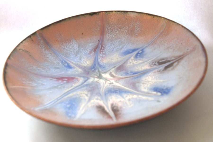 ruby and blue scrolled enamel bowl