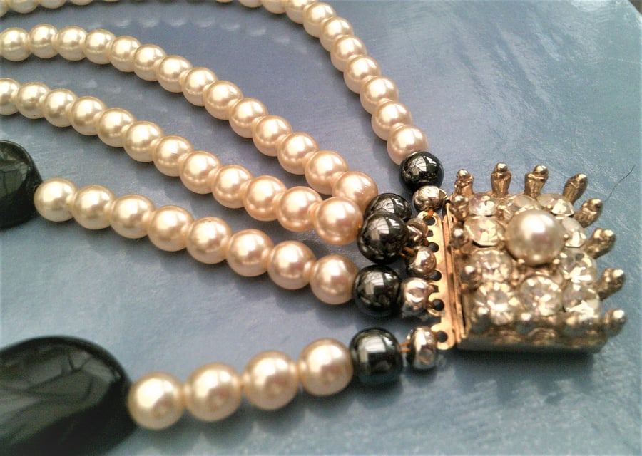 Ivory Glass Pearls and Black Agate Multi Strand Choker with Diamante Clasp