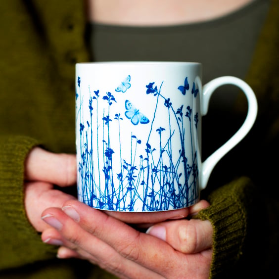 Fine bone china mug, blue butterfly meadow mug, birthday gift