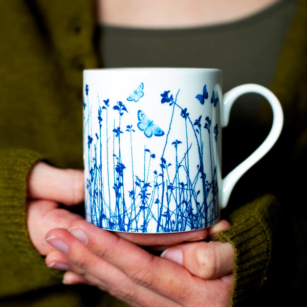 Fine bone china blue butterfly meadow mug, Mother’s Day present 