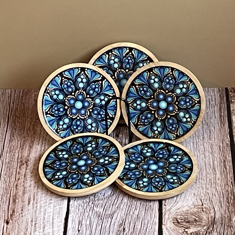 Coaster Set of 5 Blue Mandala Hand Painted Unique With Metal Coaster Holder