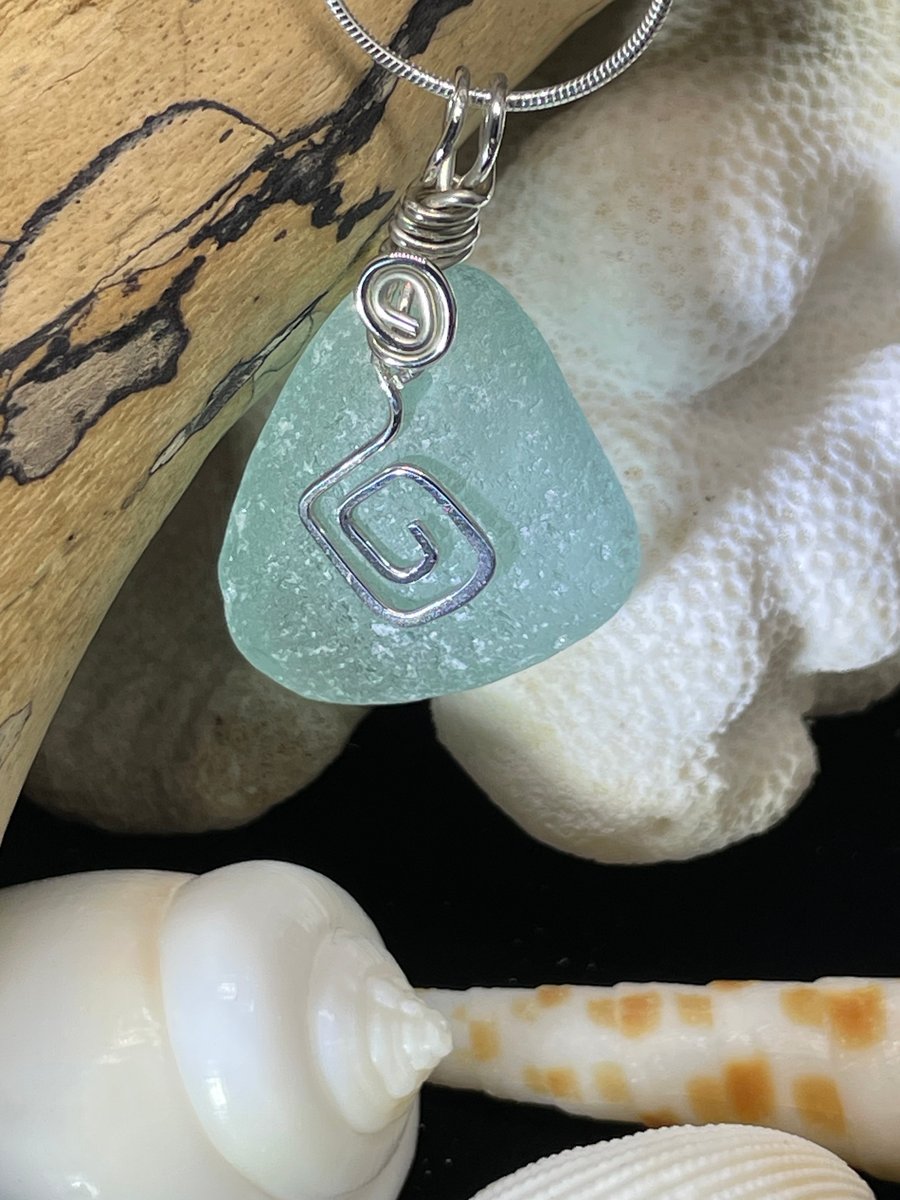 Genuine Sea Glass Pendant with Sterling Silver Hammered Charm