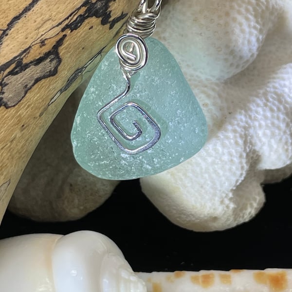 Genuine Sea Glass Pendant with Sterling Silver Hammered Charm