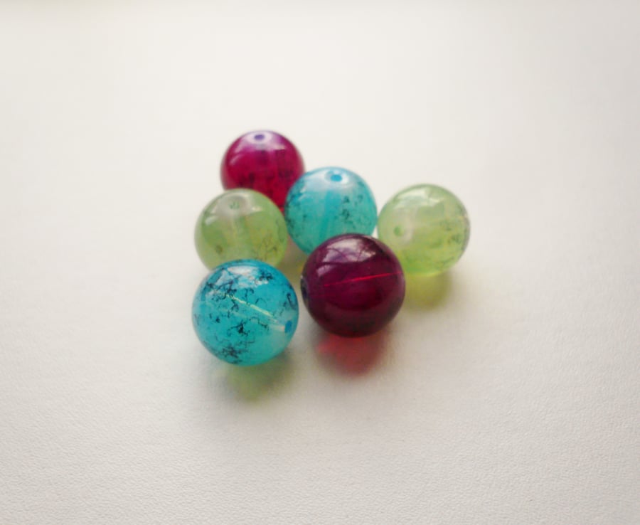 6 Mixed Round Glass Marble-Effect Beads