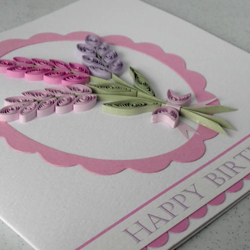Handmade birthday card with quilled lavender