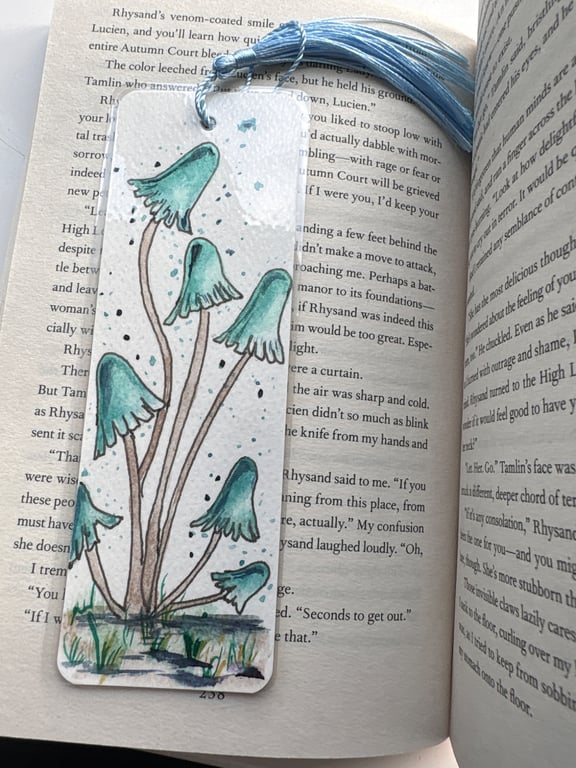 Hand painted watercolour fantasy fungi bookmark with light blue tassel