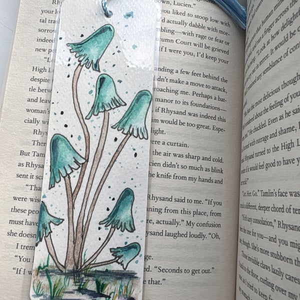 Hand painted watercolour fantasy fungi bookmark with light blue tassel