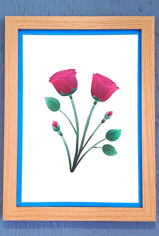 A3 Size Framed Print Painting Roses Flowers Colourful Stylish Dark Blue Border