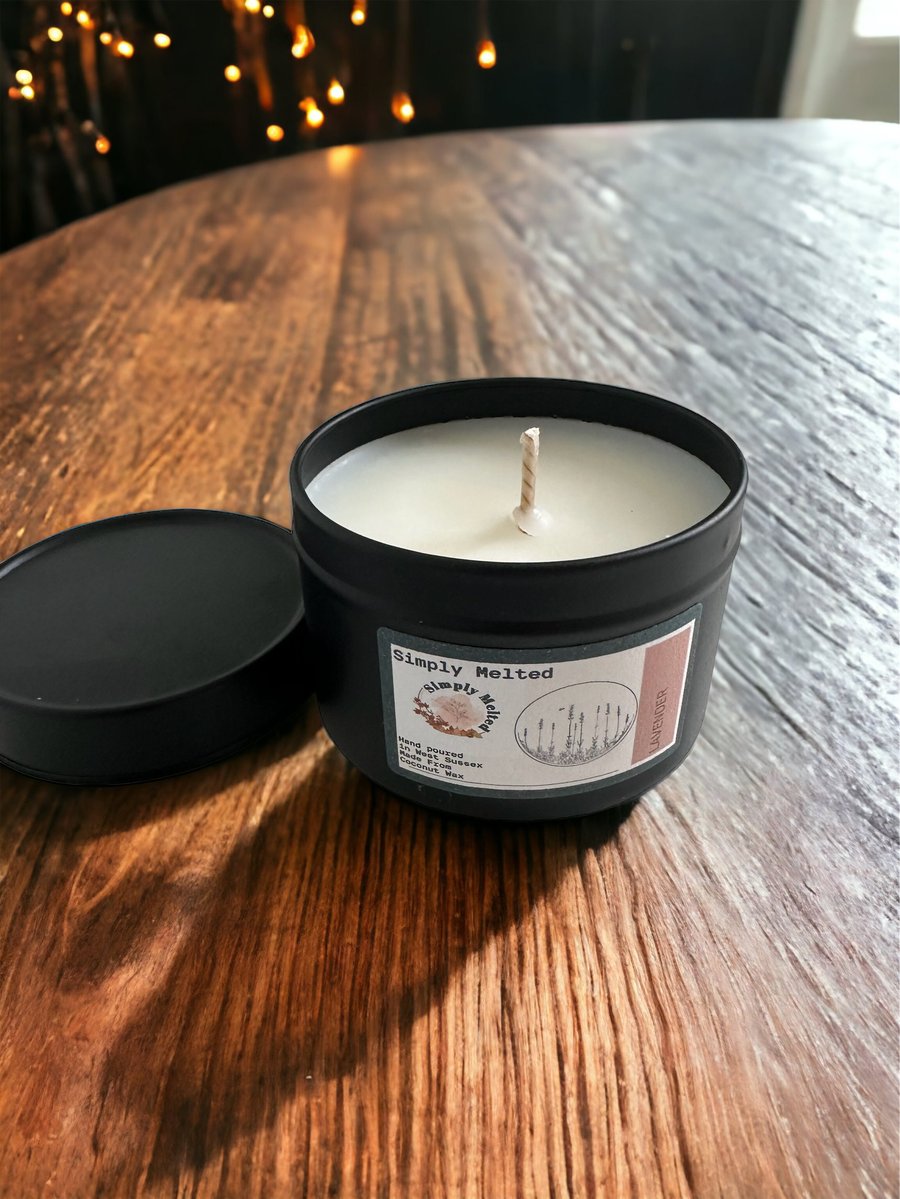 Luxury Lavender Scented Coconut Wax Candle In A Tin, Calming & Soothing Floral S