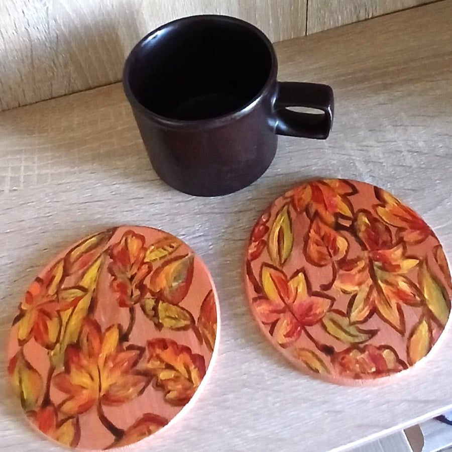 Set of two handpainted wooden coasters, metallic Autumn leaves.   