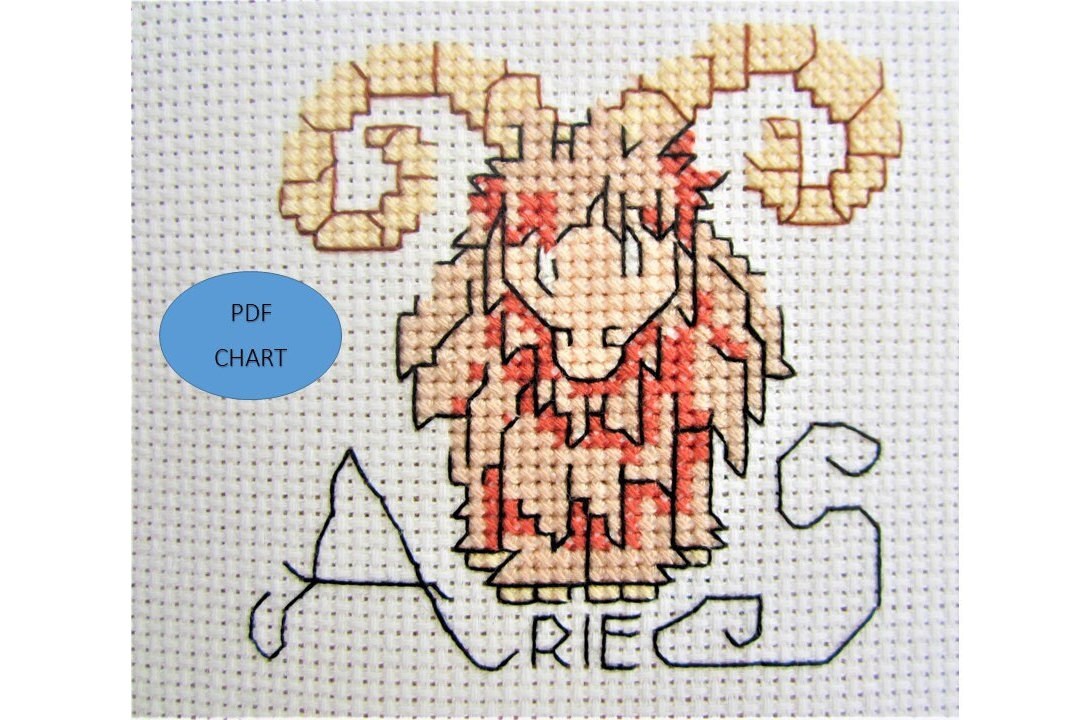 Aries zodiac star sign theme small cross stitch Instant digital PDF chart