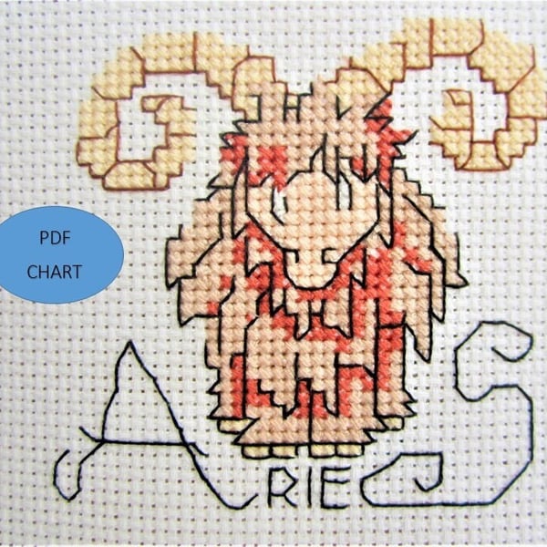 Aries zodiac star sign theme small cross stitch Instant digital PDF chart