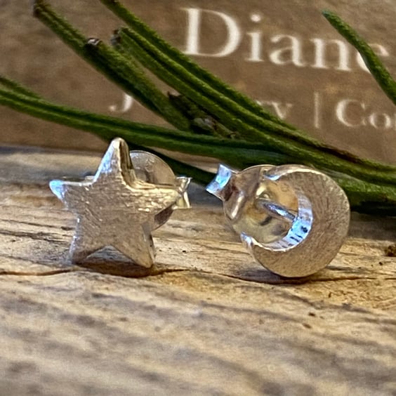Chunky Moon and Star Stud Earrings, Solid sterling silver. Posts. F&W