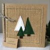 Festive green and white trees, felt, handmade Christmas card.