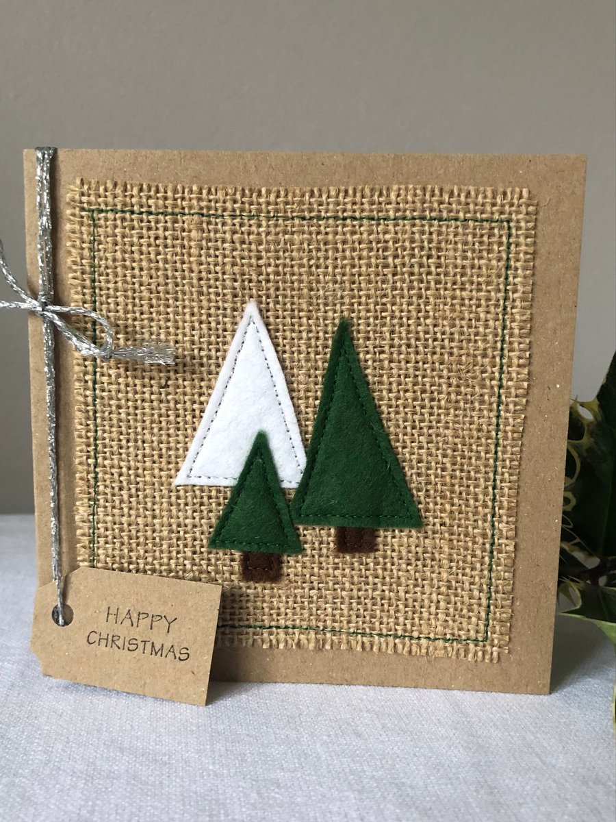 Festive green and white trees, felt, handmade Christmas card.