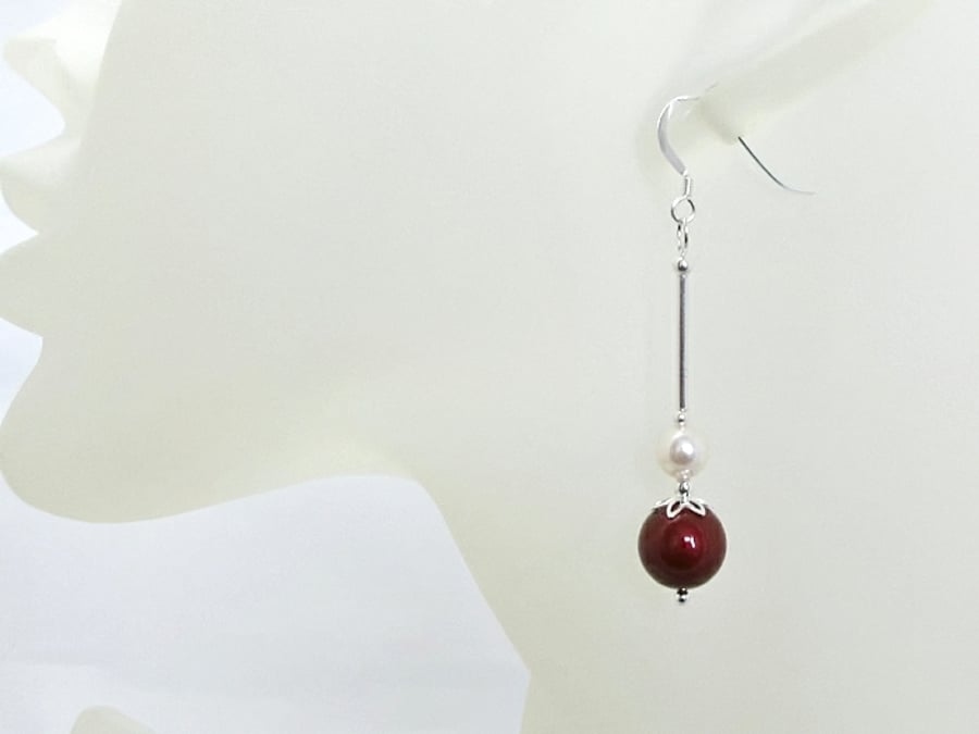 Long Burgundy Red & Cream Pearl Earrings With Sterling Silver