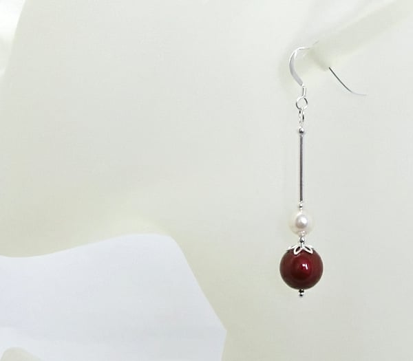 Long Burgundy Red & Cream Pearl Earrings With Sterling Silver