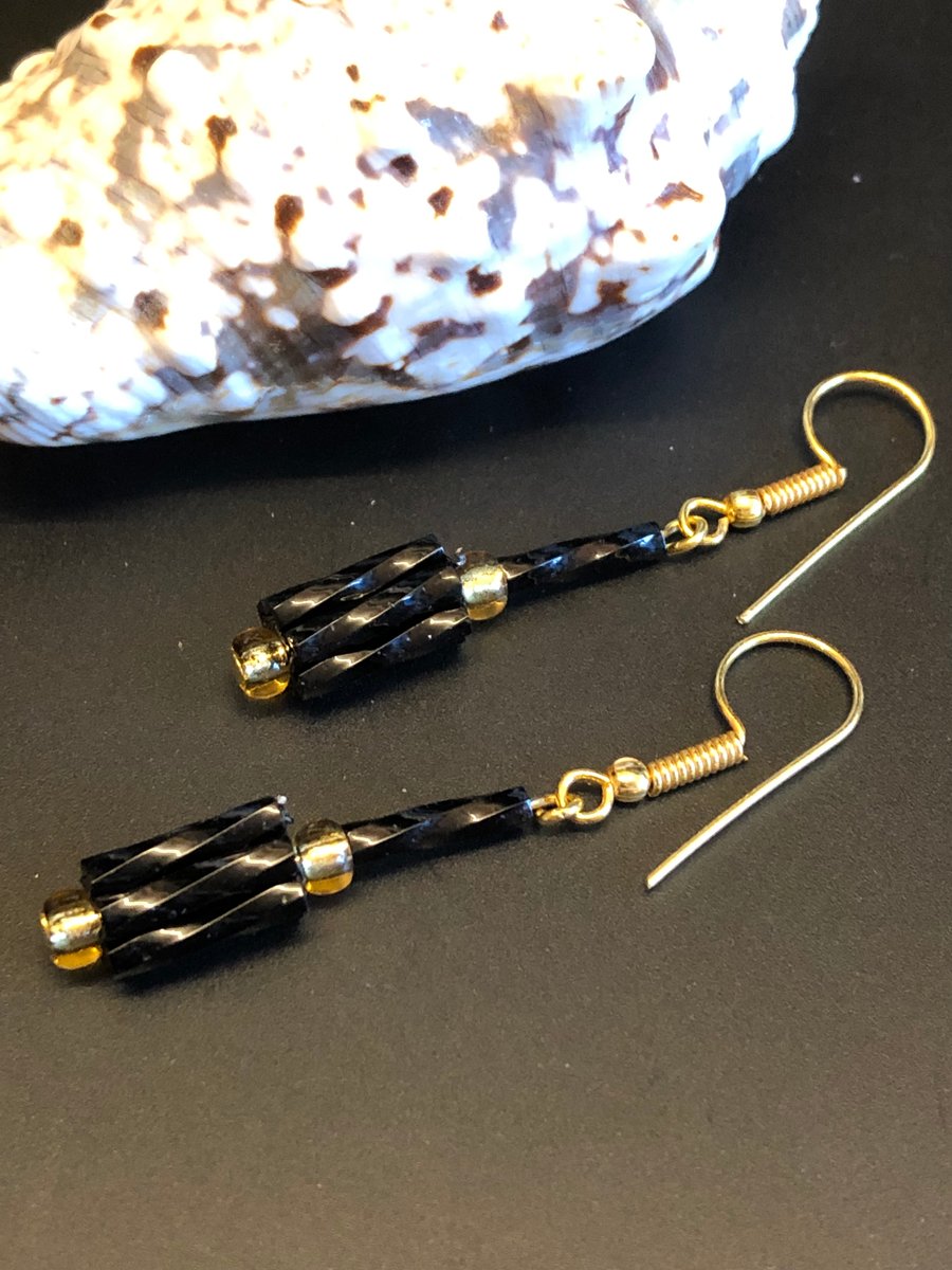 Black And Gold Dynamite Bugle Bead Earrings 