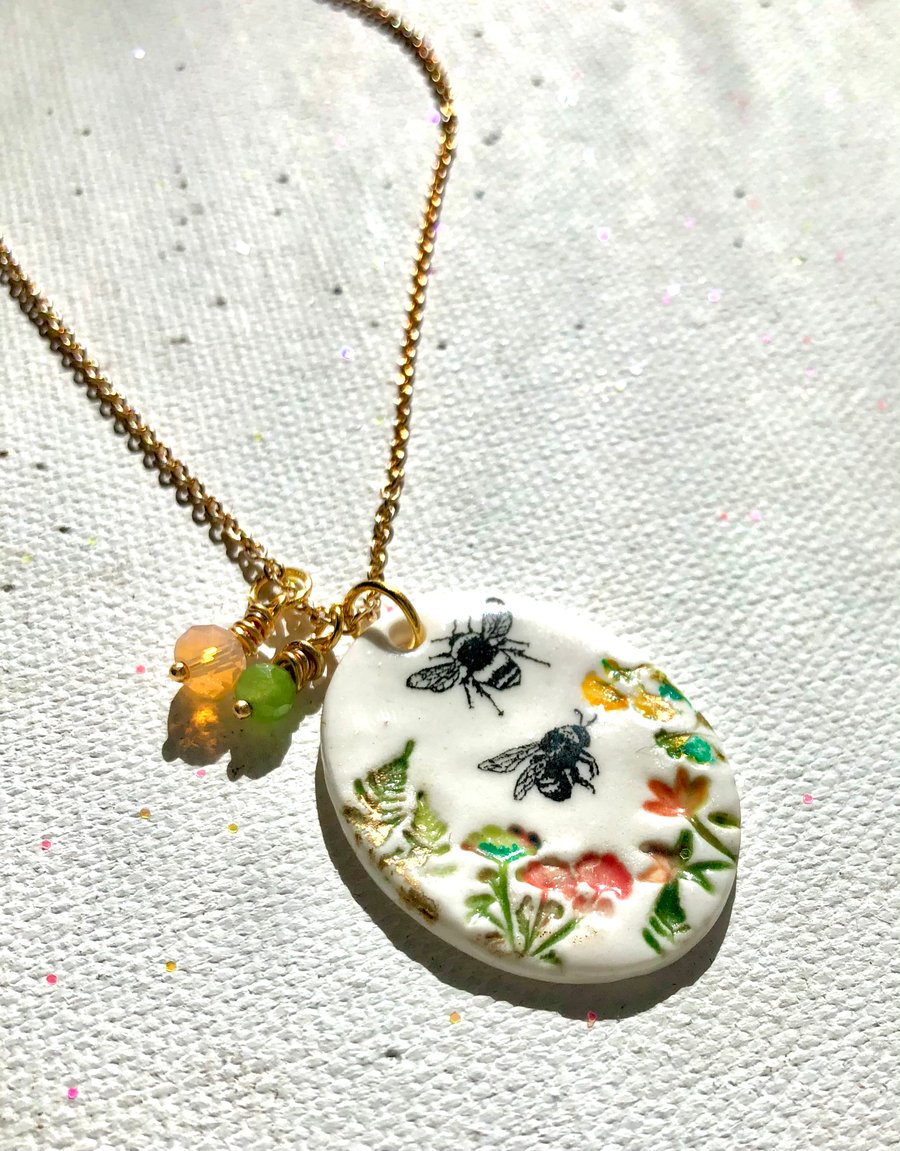 Two Busy Bees in my garden porcelain pendant 