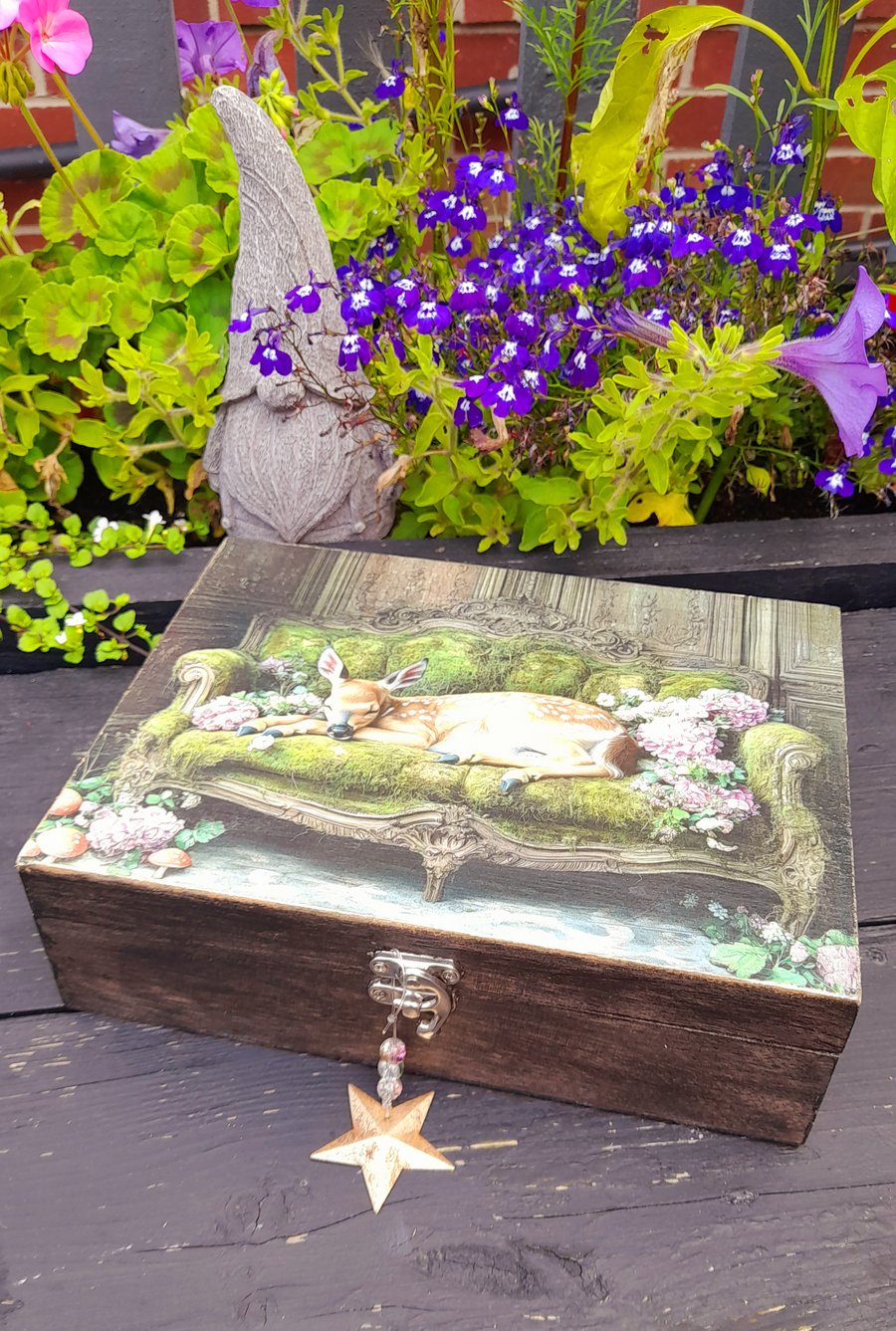Wooden Keepsake Box Tea Chest Floral Fawn